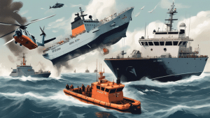 Create a detailed illustration depicting a scene of a maritime security breach. Show a coastal area with a mix of modern ships including a tanker and a cargo vessel. Several vessels are under threat f