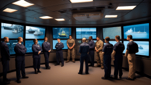 Create an image showcasing a diverse group of maritime professionals, gathered in a modern training facility aboard a large ship. The scene should include interactive digital displays, charts, and mar