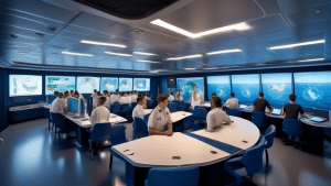 An image of a modern maritime academy classroom aboard a ship, where diverse students in naval uniforms are engaged in interactive learning activities. Digital screens display navigational charts and