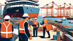 Create an illustration showing auditors in formal business attire examining large maritime vessels in a bustling port. The auditors are holding clipboards, checklists, and safety inspection tools. Emp