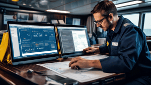 A dynamic online learning setup featuring a laptop on a ship's deck. On the screen, a webinar on maritime auditing with charts and notes visible. In the ba