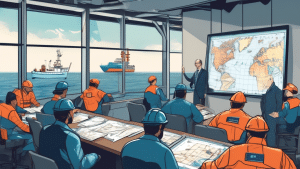 An illustration of a comprehensive maritime safety and security training session, featuring a diverse group of professionals engaged in a lead auditor cour