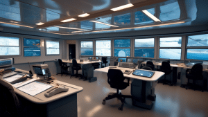 Create an image of a professional training environment on a modern ship. The setting should show diverse maritime professionals attentively participating i