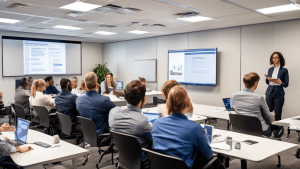 A corporate training room with professionals engaged in an internal auditor workshop, focusing on Information Security Management (ISM). A presenter stands