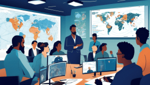 Illustration of a diverse group of maritime professionals engaging in an online course from various global locations. The background shows a combination of