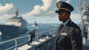 A detailed scene showing a Ship Security Officer on deck, inspecting the ship's surroundings with a critical eye. Behind them, crew members are seen perfor