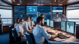 An image of maritime professionals, some in uniforms and others in casual business attire, gathered around a computer screen on a modern ship's bridge. The