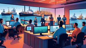 A detailed illustration showing a diverse group of maritime professionals engaged in an online course on security, with a digital classroom setup, various