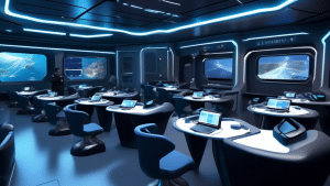 A futuristic classroom on a ship with students interacting with advanced virtual reality training modules, simulating maritime security scenarios. Digital