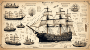 A detailed illustration showing a vintage sailing ship, with labels and explanations of various ship parts and terms. Surrounding the ship, include images