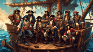 Create an illustration showcasing 10 legendary pirates from different eras and backgrounds, each distinct in appearance and attire, gathered on a dramatic