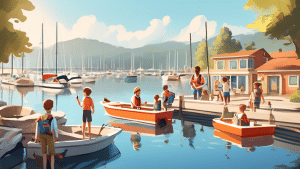 Create an image of a serene marina on a sunny day, with a couple of small to medium-sized boats docked. Near the boats on the dock, a friendly instructor i