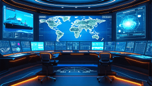 Create an image depicting a futuristic maritime security control room with advanced technologies. Include a detailed and sleek dashboard displaying informa