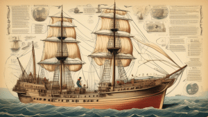 An illustration of a vintage ship at sea with various parts of the vessel labeled, such as the bow, stern, starboard, and port. The background includes sai