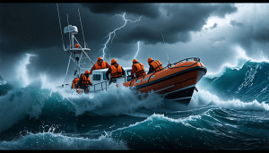 A realistic image of a small boat navigating through large waves in a stormy sea. The scene captures high winds and choppy waters, with the boat's crew wea