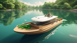 A serene lake scene with a small, solar-powered boat with sleek, modern design. The boat is cruising silently, leaving no wake or pollution behind. Surroun