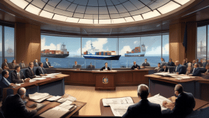 An image of a modern courtroom in session, featuring lawyers and a judge discussing legal documents related to maritime piracy. Outside the large windows o