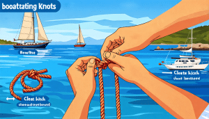 A vibrant marine-themed scene showcasing a detailed close-up of a sailor’s hands tying essential boating knots, like the bowline, cleat hitch, and sheet be