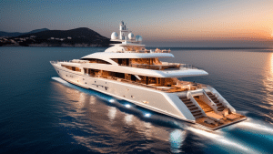 An ultra-luxurious yacht anchored in a crystal-clear Mediterranean bay, featuring sleek and modern design with multiple decks. The scene includes a lavish