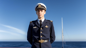 A fresh nautical cadet standing aboard a ship, wearing his officer uniform, with a backdrop of an expansive ocean and a clear blue sky. In the background,