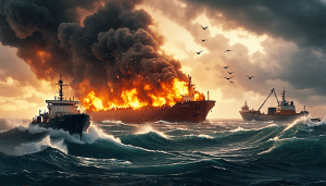 Depiction of a blazing oil tanker in turbulent seas, with salvage ships cautiously approaching under a smoky, ominous sky. Armed Houthis watch from a distant shore, illustrating a tense atmosphere wit