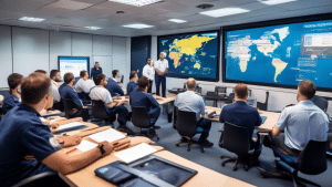 A diverse group of maritime professionals, including captains, deck officers, and engineers, attend a STCW training session in a modern classroom equipped