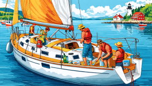 A detailed illustration showing a family or group of friends preparing a sailboat for a long-distance boating trip. They are loading supplies such as food,