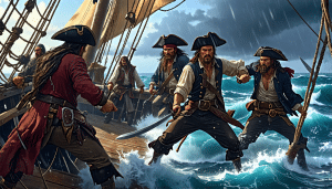 Create a highly detailed and dramatic illustration depicting infamous pirates from various historical periods, engaging in a tense standoff on the deck of