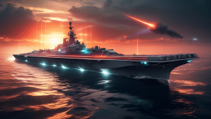 A futuristic naval warship sailing through the ocean with high-tech laser systems mounted on its deck, emitting beams that deflect incoming threats like mi