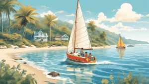 A detailed scenic illustration of a small sailboat navigating calm coastal waters on a sunny day. The image showcases clear blue skies, gentle waves, and a