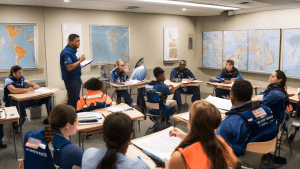 A group of diverse maritime students in a classroom setting, attentively listening to an instructor who is explaining safety procedures. The room is equipp