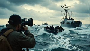 A powerful scene showing a small cargo ship being surrounded by pirate skiffs on open waters, with dramatic lighting emphasizing the tension. In the foregr