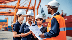 A dynamic scene showing diverse maritime professionals holding STCW certification documents against a backdrop of various global shipping activities, such