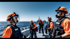 Create an image of a group of Sea Marshals in action aboard a large cargo ship. They are fully equipped with tactical gear and are conducting a security sw