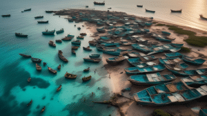 An aerial view of the Somali coastline at dawn, featuring a stark contrast between serene turquoise waters and dilapidated fishing boats. In the background