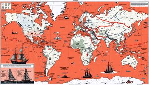 A world map highlighting strategic maritime zones, with specific regions marked in red to indicate piracy-prone areas. The map should also depict various i