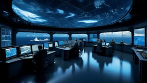 A high-tech naval command center with a panoramic view of the ocean, featuring advanced surveillance screens, radar systems, and maritime security personne