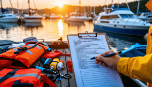 A detailed scene of a boat docked at a marina, with a boater holding a clipboard and checking items off a comprehensive pre-departure checklist. The backgr