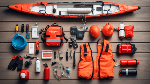 Create an image depicting a well-organized layout of the top 10 essential safety gear items for boaters. Include items such as a life jacket, fire extingui