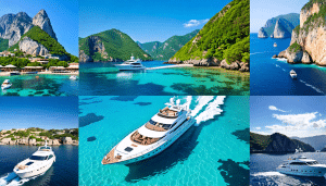 An exquisite collage showcasing five stunning destinations for yachting enthusiasts: the crystal-clear waters of the Mediterranean, the vibrant tropical sc