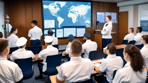 An image depicting a diverse group of aspiring seafarers in a modern classroom setting, engaged in practical and theory-based training. The classroom is eq