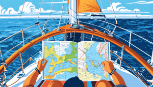 A detailed illustration of a boater reading a marine weather forecast while on a sailboat, surrounded by nautical charts and weather instruments. The backd