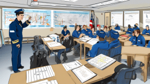 An illustration showing a diverse group of maritime trainees attending a STCW (Standards of Training, Certification, and Watchkeeping) seminar. The scene i