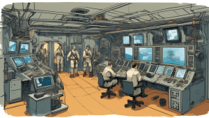 A detailed illustration of a modern maritime ship's citadel room, showing high-security features like reinforced walls, surveillance monitors, communicatio