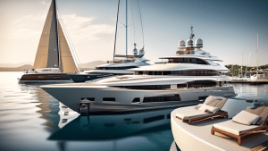 Create an image showcasing a variety of yachts, each with distinct features. Include a sleek, modern motor yacht with luxurious amenities; a classic, elega