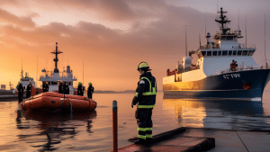 A serene coastal scene at dawn, with a diverse group of maritime professionals, including captains, deck officers, and engineers, participating in intensiv