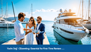 A picturesque marina scene with luxurious yachts docked along the pier. A couple is consulting with a professional yacht charter agent, who is holding a br