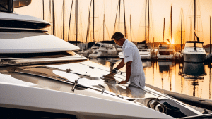 A high-end luxury yacht docked at a marina, with a crew scrubbing and polishing the exterior hull. Nearby, another crew member is inspecting the engine and