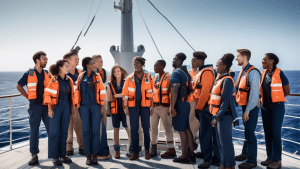 An image of a diverse group of young men and women standing on the deck of a modern ship, looking out to sea with a combination of excitement and determina