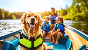 A joyful scene of a family boating on a serene lake, with a golden retriever wearing a life jacket happily sitting at the bow. The sun is shining, and ever